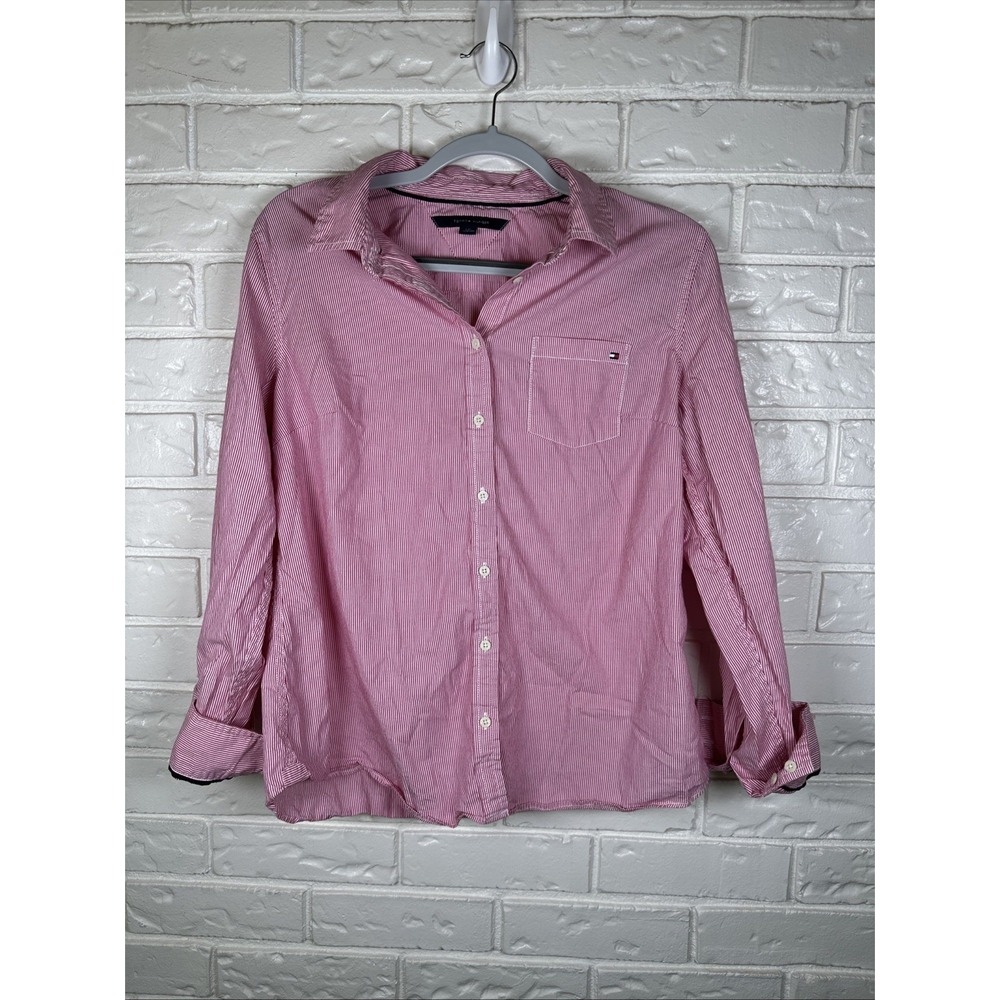 Tommy‎ Hilfiger Pink Pinstripe Button Up Shirt Women's Large Preppy Coastal